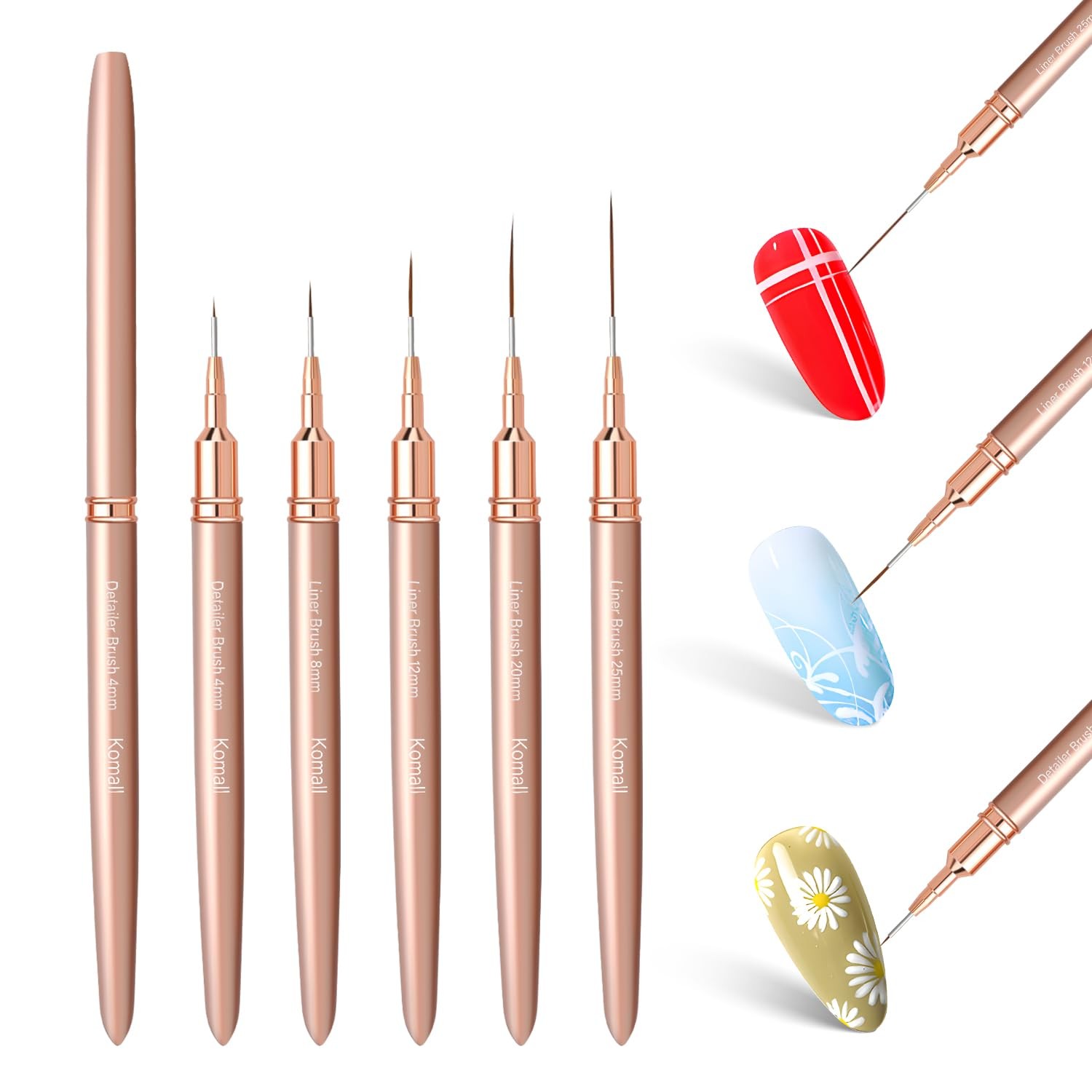 Komall Metallic Nail Art Brushes, 5Pcs Liner Brushes for Nails, Gold | For Long