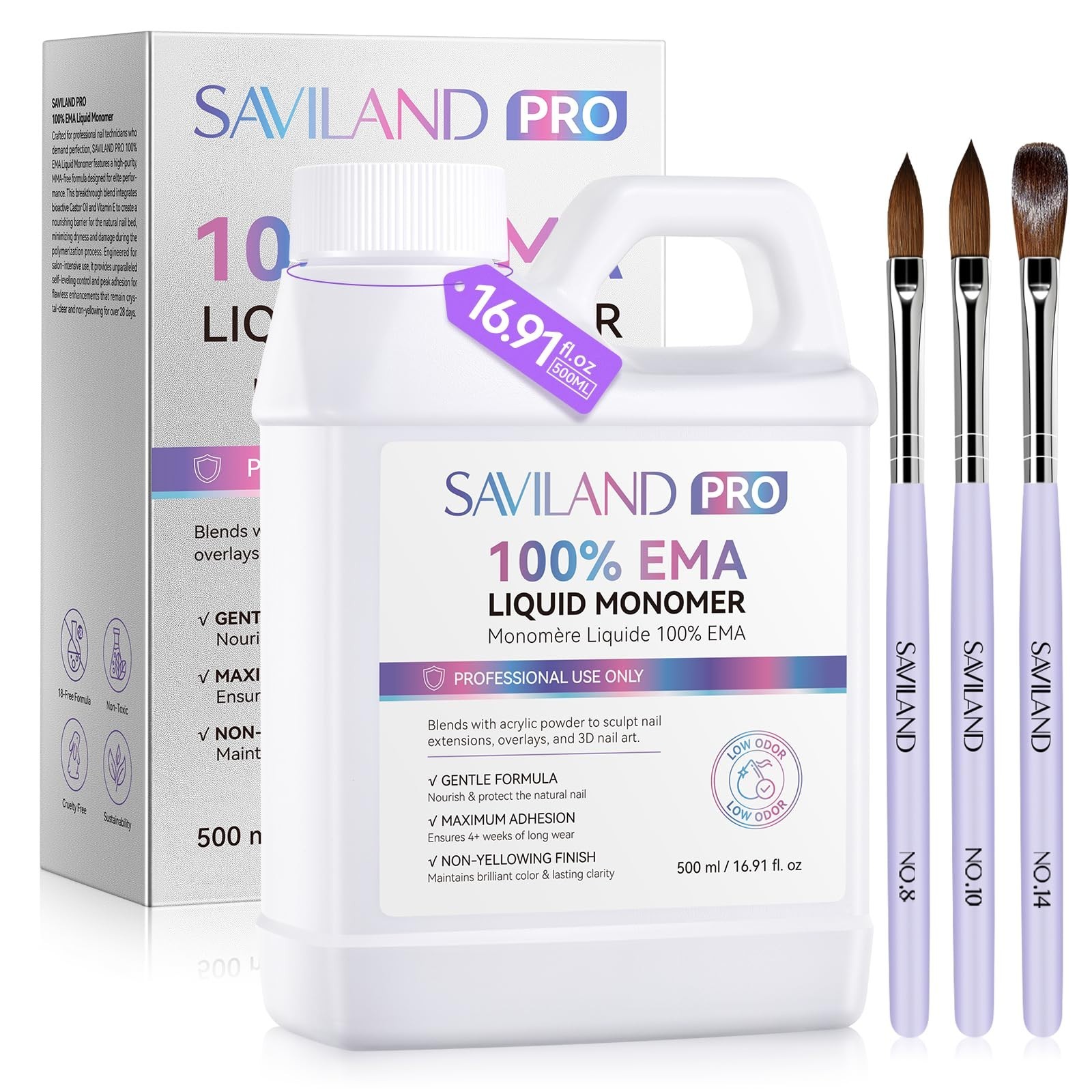 500ml Low Odor Acrylic Nail Liquid, Pure EMA Monomer + 3 Brushes, Non-Yellowing,