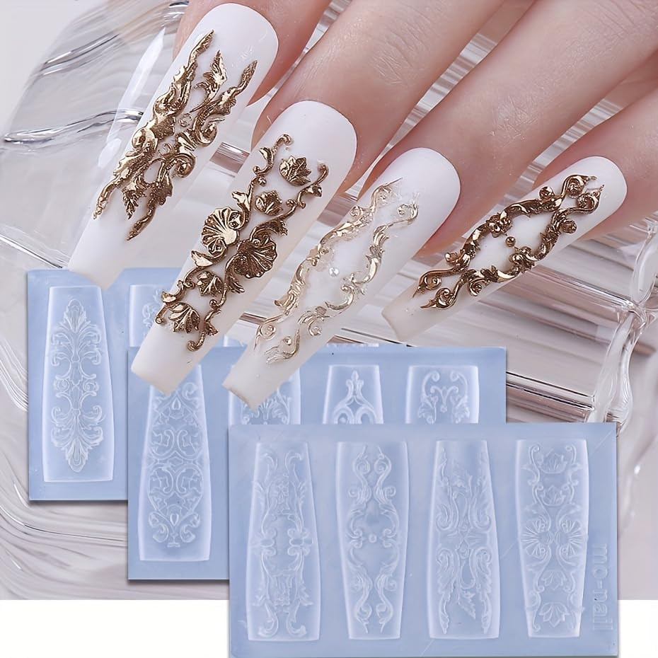 Silicone Nail Art Molds Set: 3Pcs Boho Style 3D Carved Design Templates – Elegan