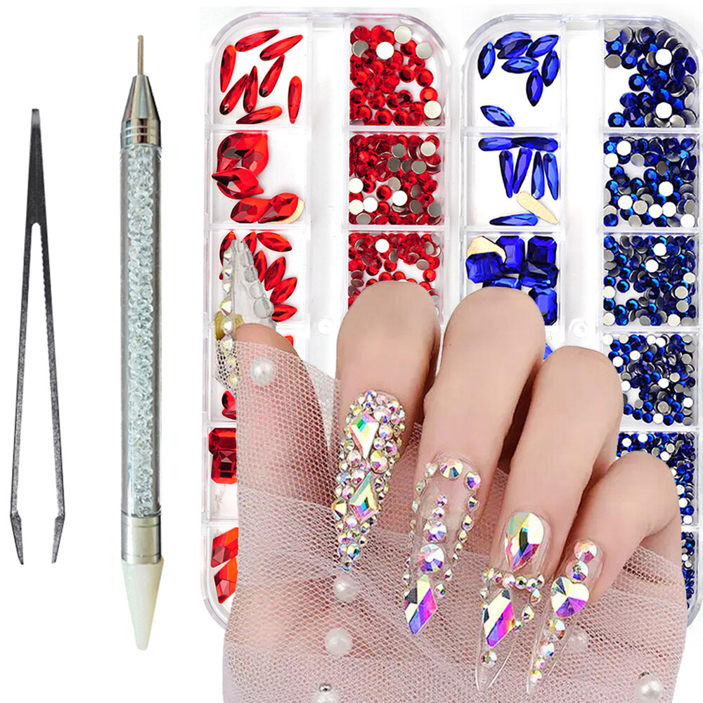 12Box/Set Mix SHAPE Crystal Strass Rhinestone Diamond Nail Art Decoration +tools