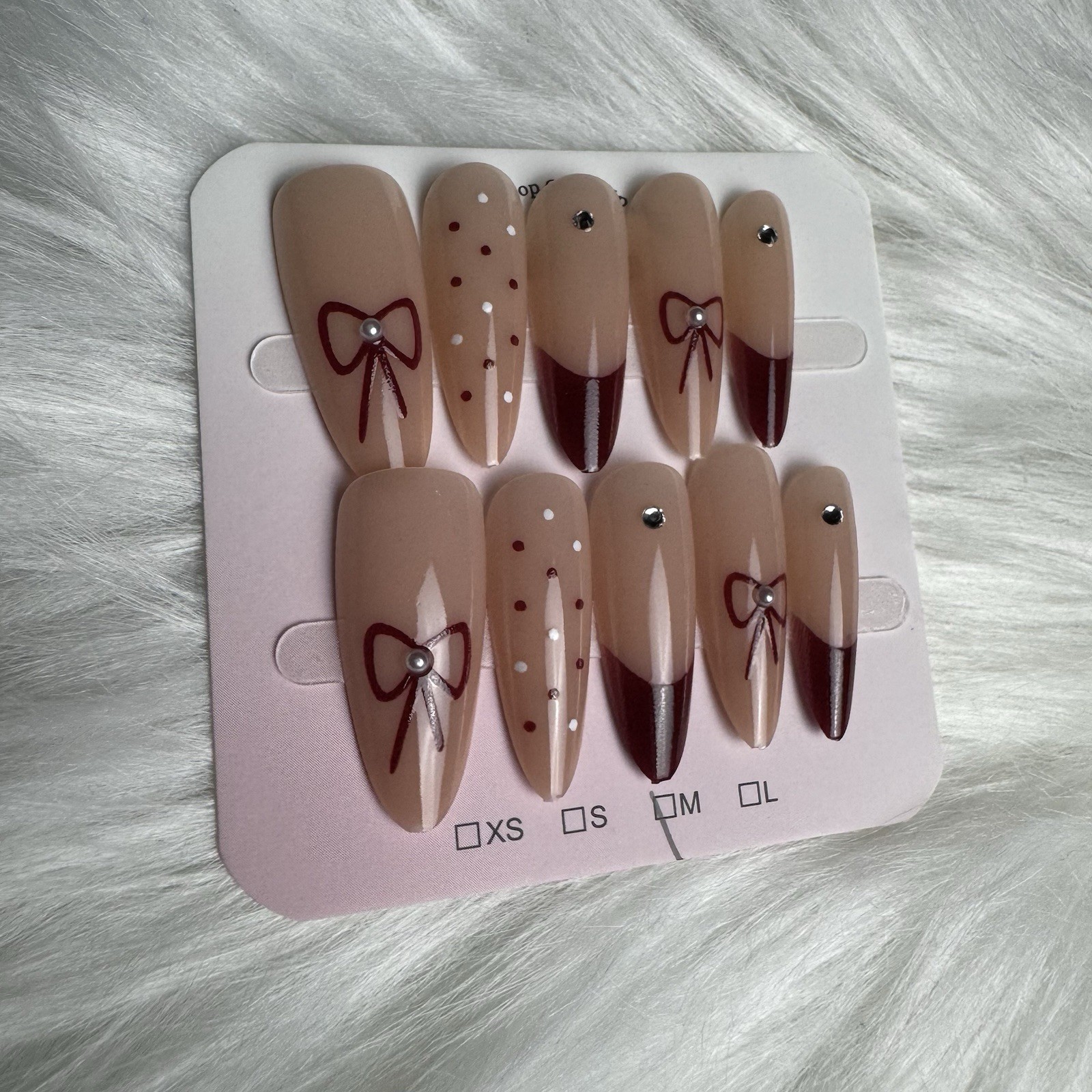 Press-On Nails Burgundy Bow & Polka Dot Coquette Medium Almond Shape Handmade
