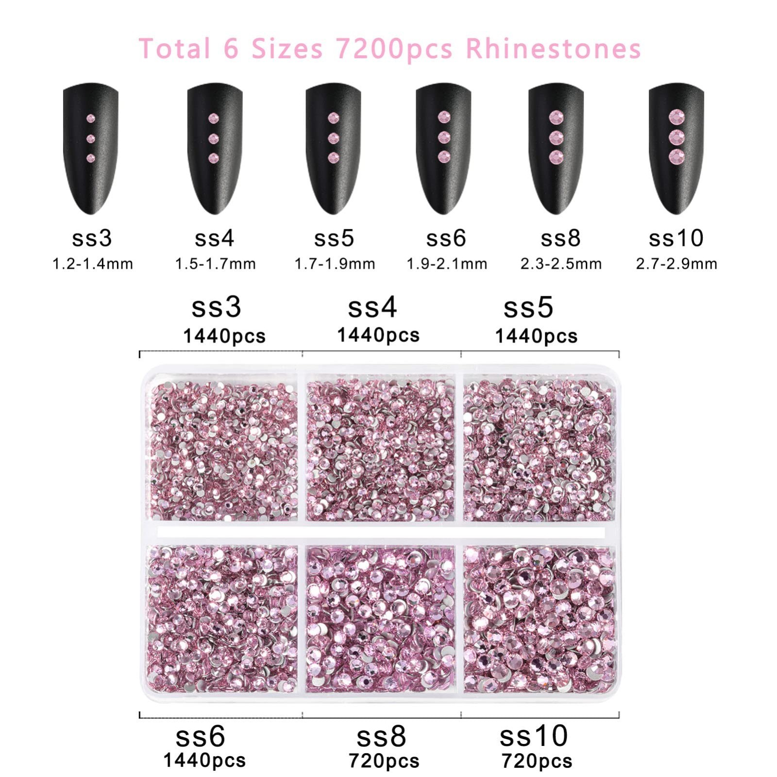 Flatback Rhinestones 7200pcs Light Pink Mixed Sizes | Glass Nail Gems & Wax Penc