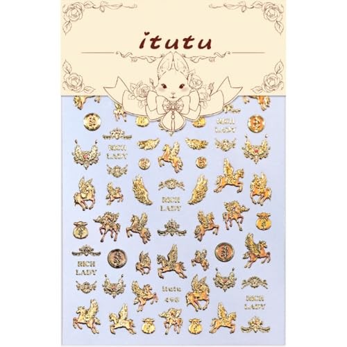Gold Nail Stickers 5D Embossed Horse Animal Prints Nail Decals Soaring Color 7