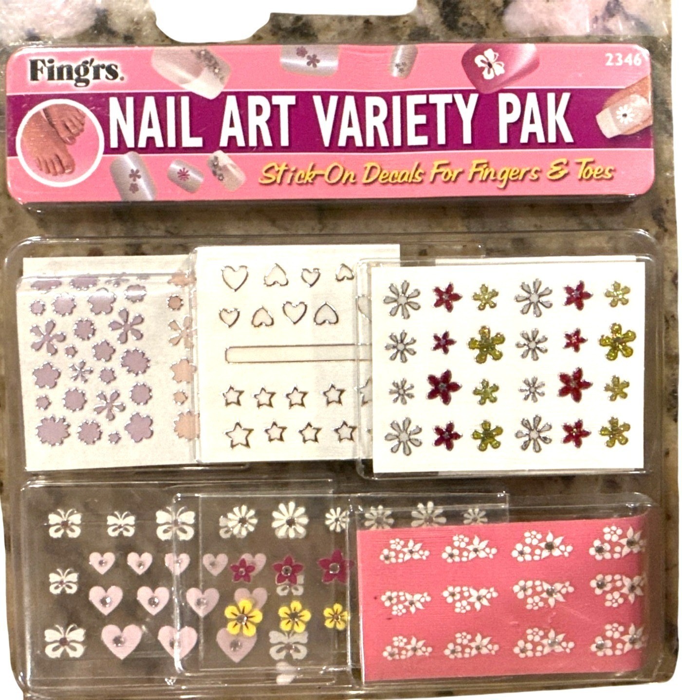 FING’RS 2346 Nail Art Variety Pak STARS+HEARTS+FLOWERS White+Pink+Yellow Playful