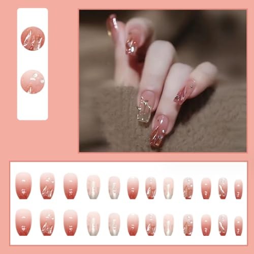 Hkanlre Rhinestone Coffin Medium Fake Nails Tips 24PCS Bling Press-On Nails for