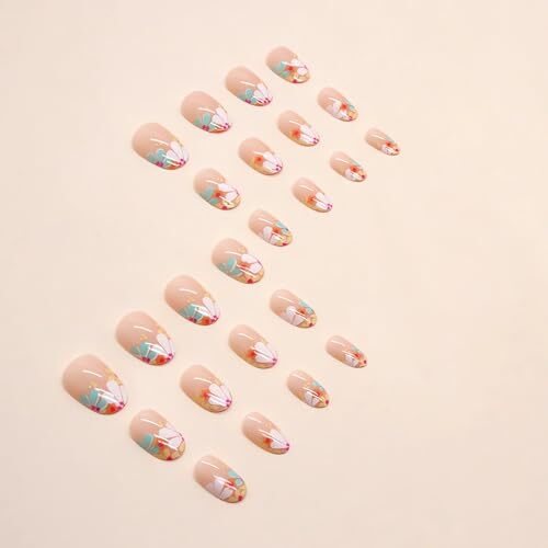 24 Pcs Short Oval Press on Nails Colorful Flower Fake Nails Short Floral