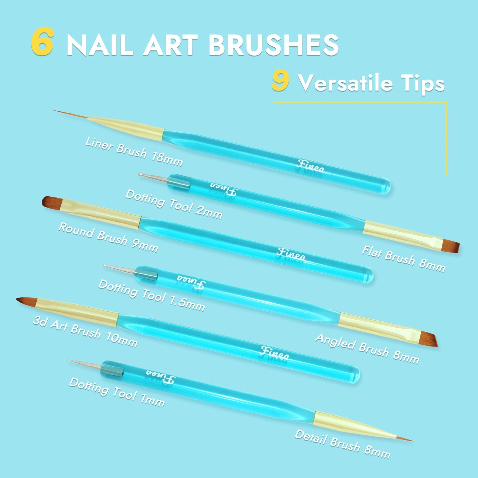 Finea Nail Art Brushes and Dotting Tools 6pcs Set for Polish Gold Blue