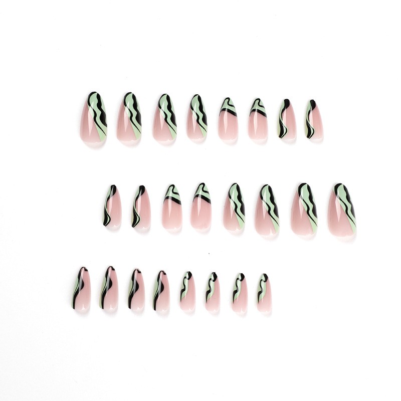 48P Short Almond Press on Nails, Nude Mint Green Black Wavy Swirl Fake Nails