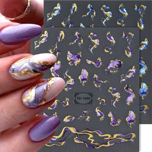6 Sheets Bronzing Marble Nail Art Stickers 3D Self-Adhesive Blue Purple Style8