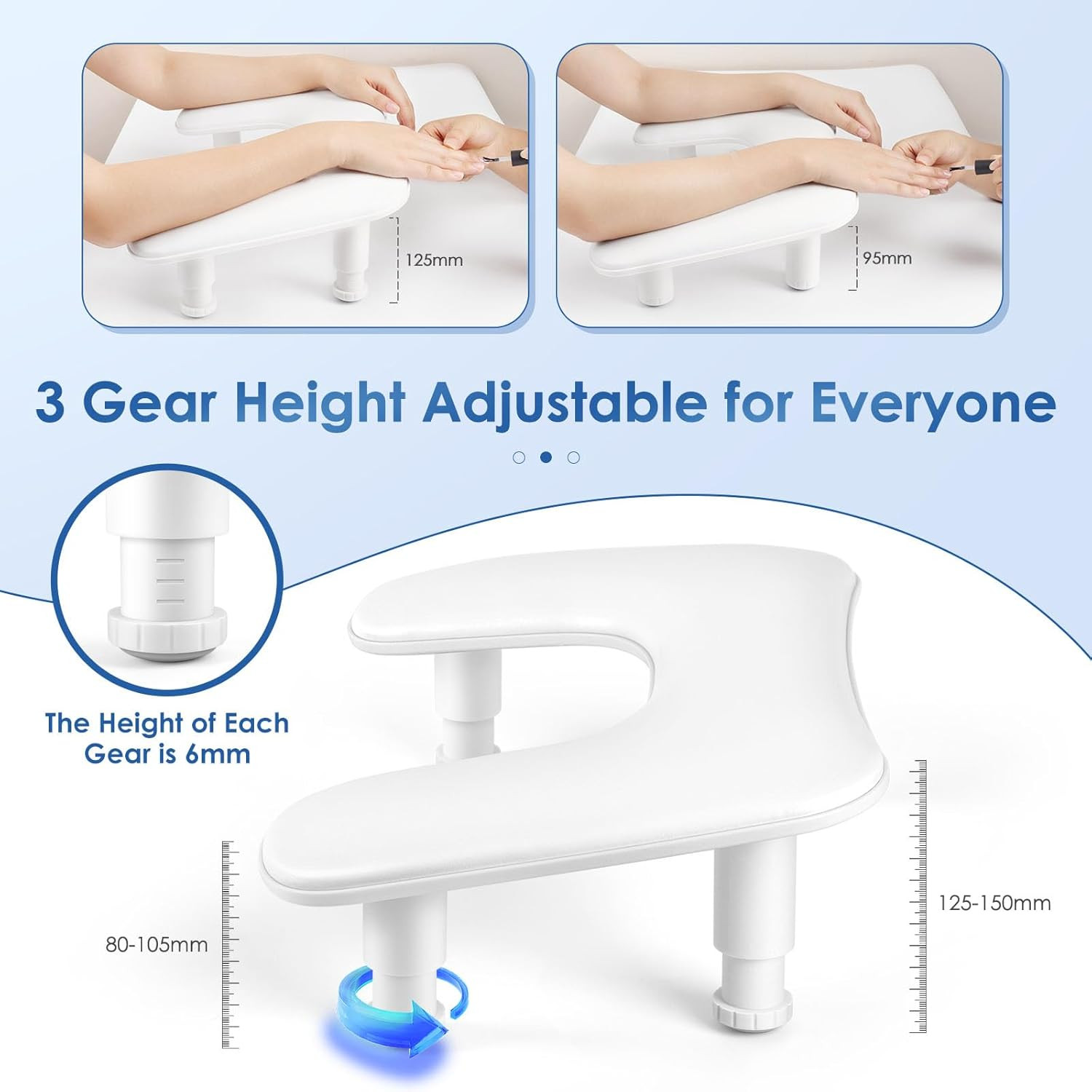 Manicure Arm Rest for Nails Tech: U-Shaped Adjustable Nail Armrest – White PU Le
