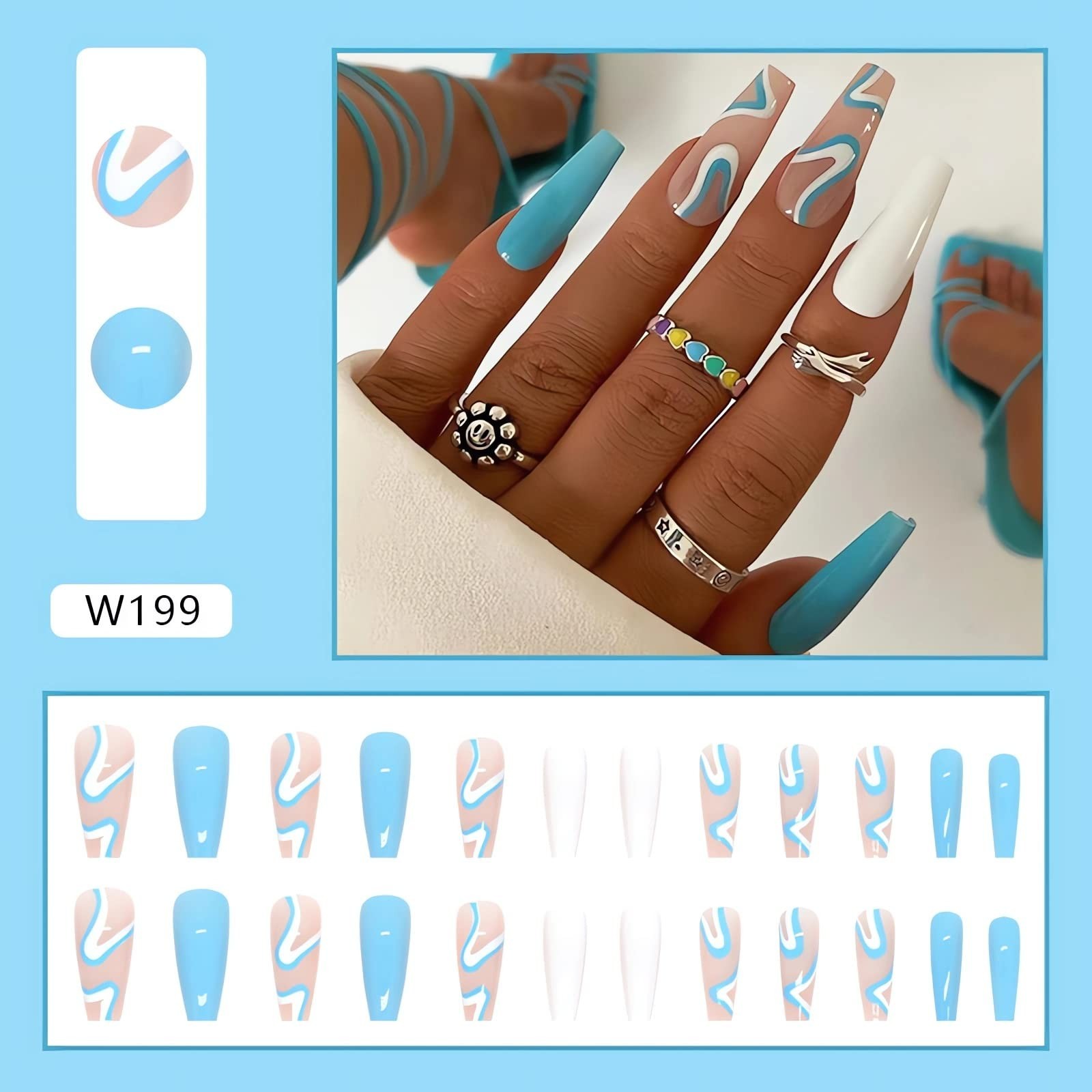 Y2K Blue Swirl White Contrast Long Coffin Press On Nails