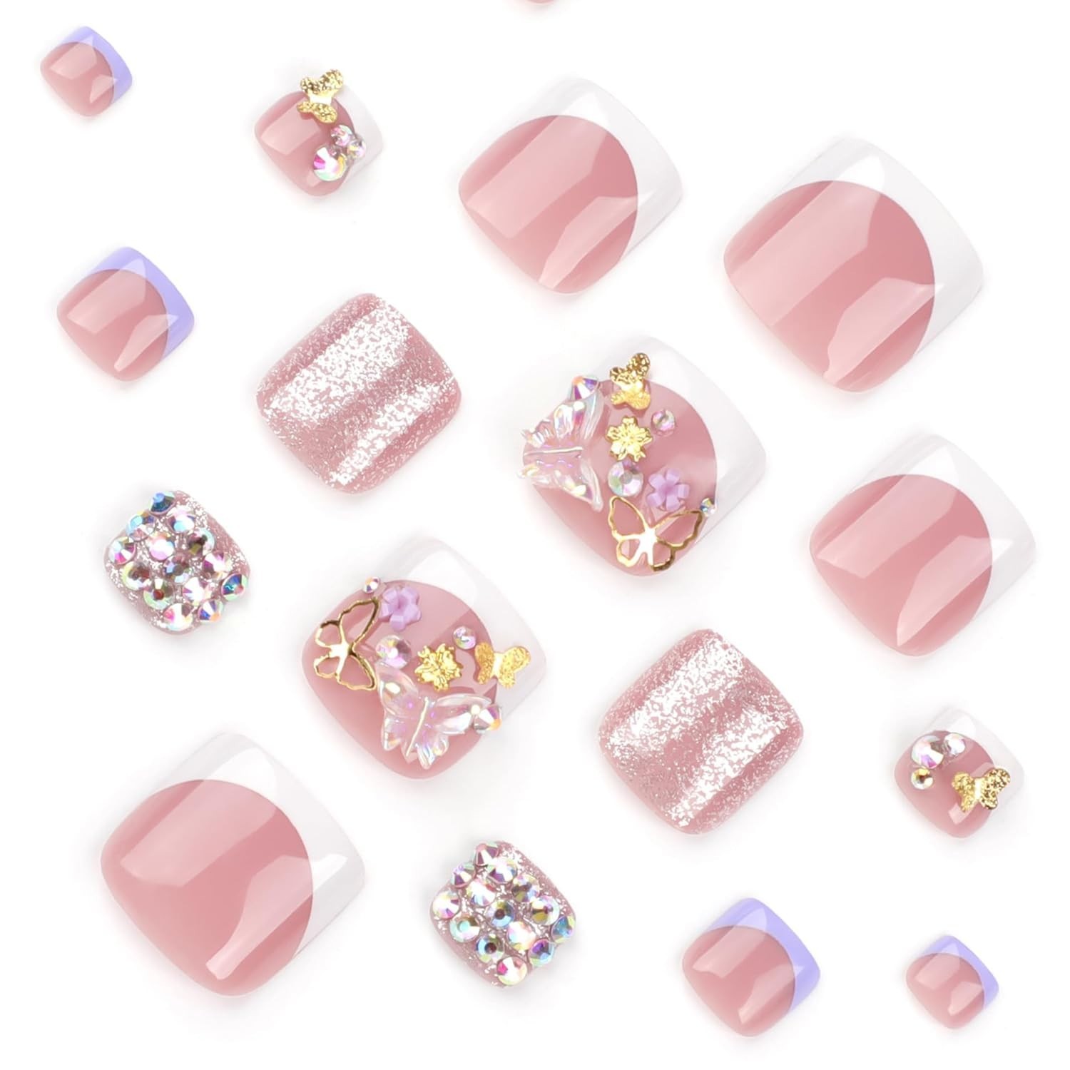 White French Tip Press on Toenails Short Square Fake Toe Nails with Gold style6
