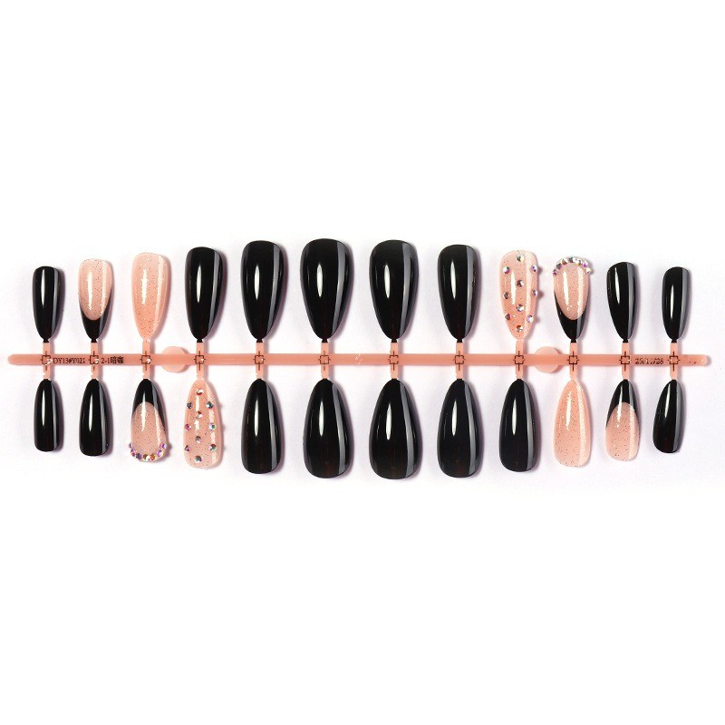 72Pcs-Medium Almond Press on Nails Black French Gold Glitter Nude Fake Nails