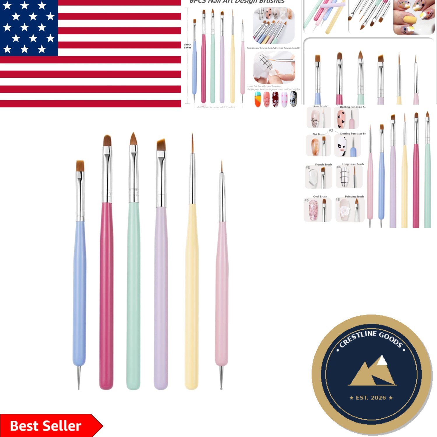 6-Piece Multicolor Nail Art Brush Set for Stunning Designs and Easy Application