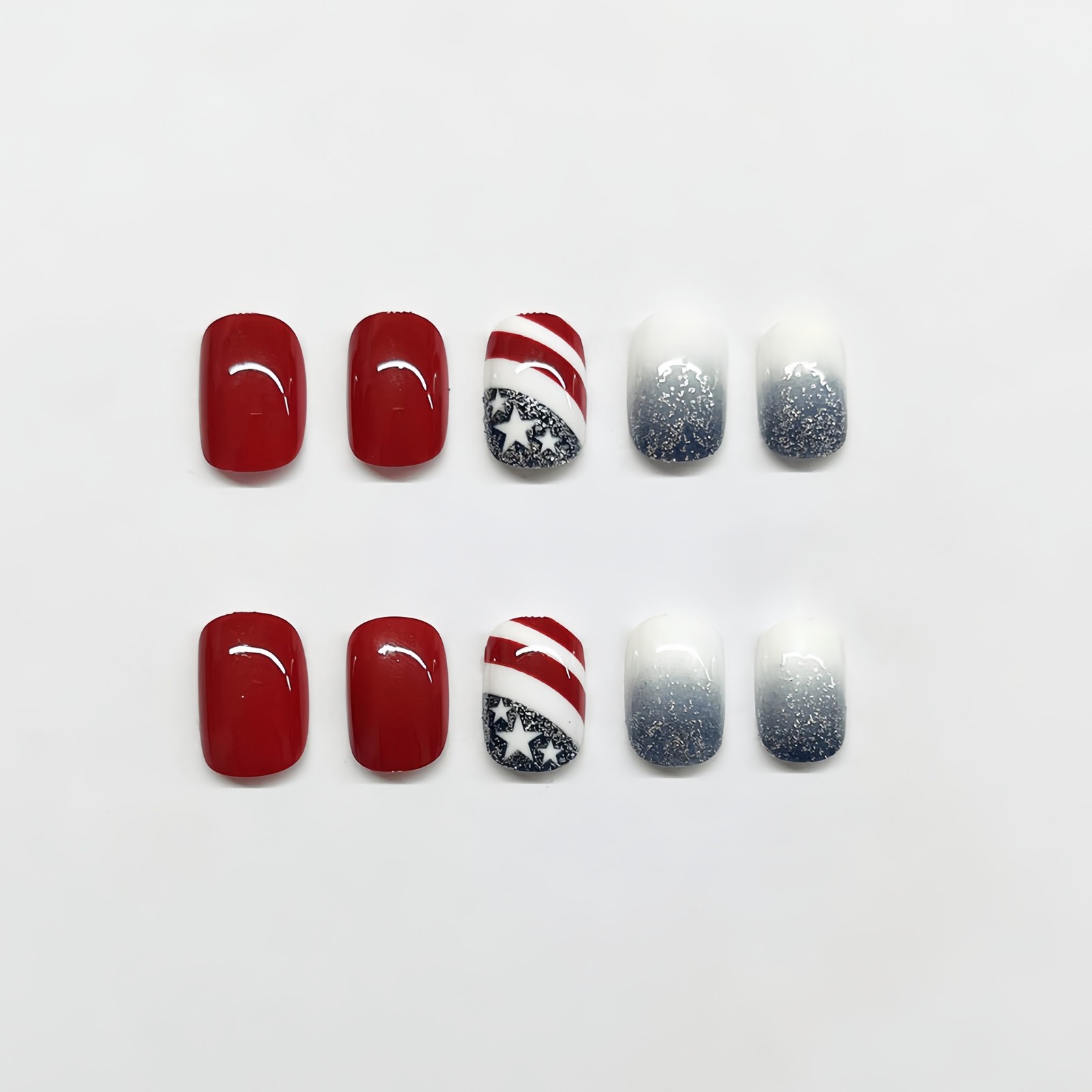 Patriotic Red Blue Glitter Square Press On Nails For Independence Day