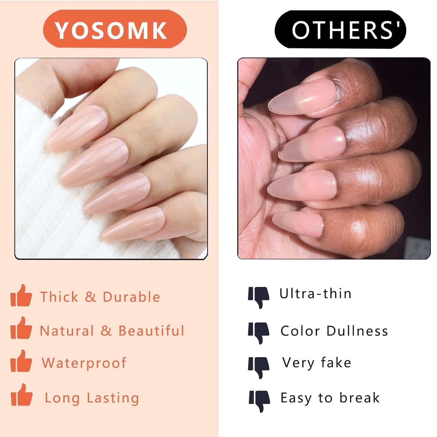 Almond Shaped Full-Cover Nude Fake Nails – 24 Piece Easy Application Set