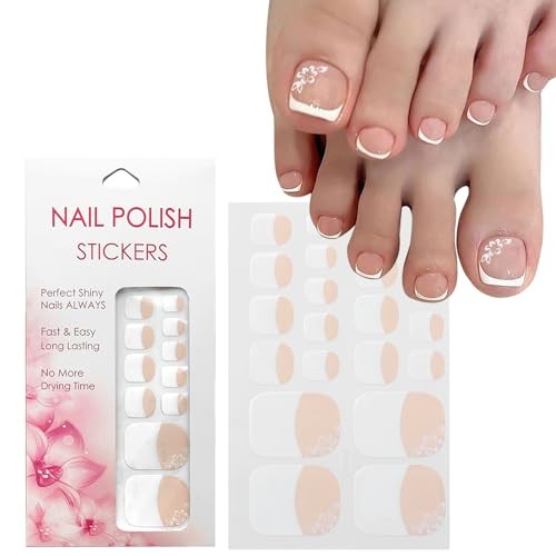 Nail Polish Strips for Toes, No UV Needed, Toe Nails Stickers Flower White
