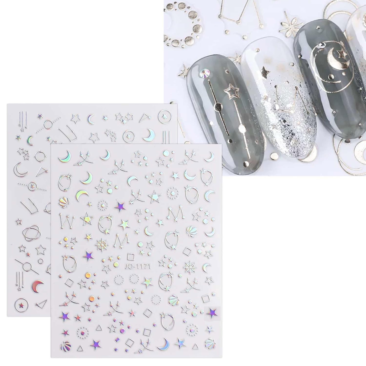 12 Sheets Nail Art Stickers Decals Glitter Holographic Star Heart Design Nails