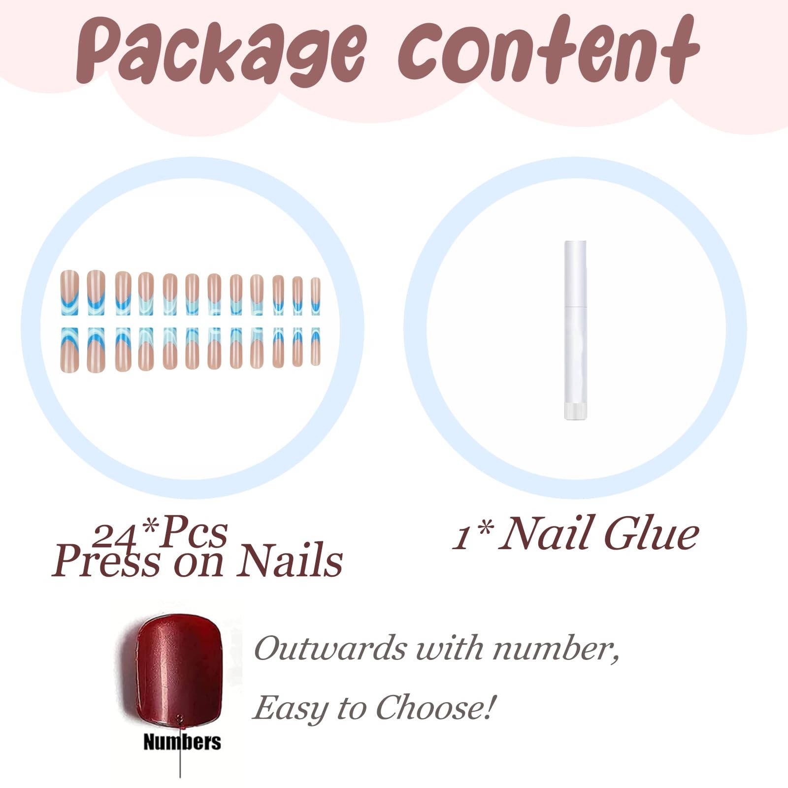 Press On Nails Long Coffin Fake Nails Nude Blue Swirl Wave French Tip Glossy …