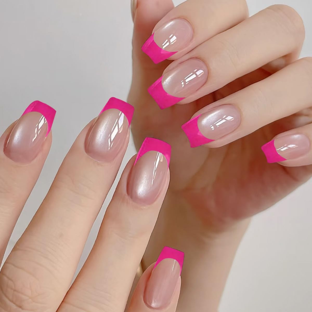 Glossy Glitter Press on Nails Hot Pink French Tip Fake Nails Medium Length Sq…