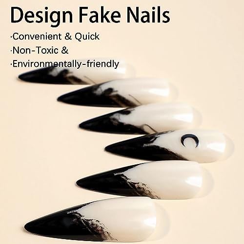 Halloween Stiletto Press on Nails Long Fake Nails Black French Glue Nq207goth