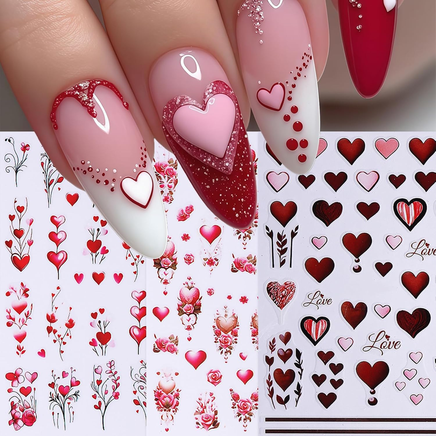 6 Pcs Valentines Day Nail Art Stickers Decals 3D Self-Adhesive Red Rose Love Flo