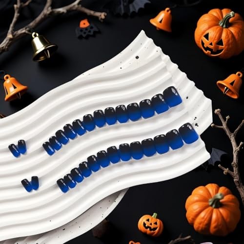 Press On Nails Short, Ombre Blue Black Press On Nails Square, Dark ombre blue