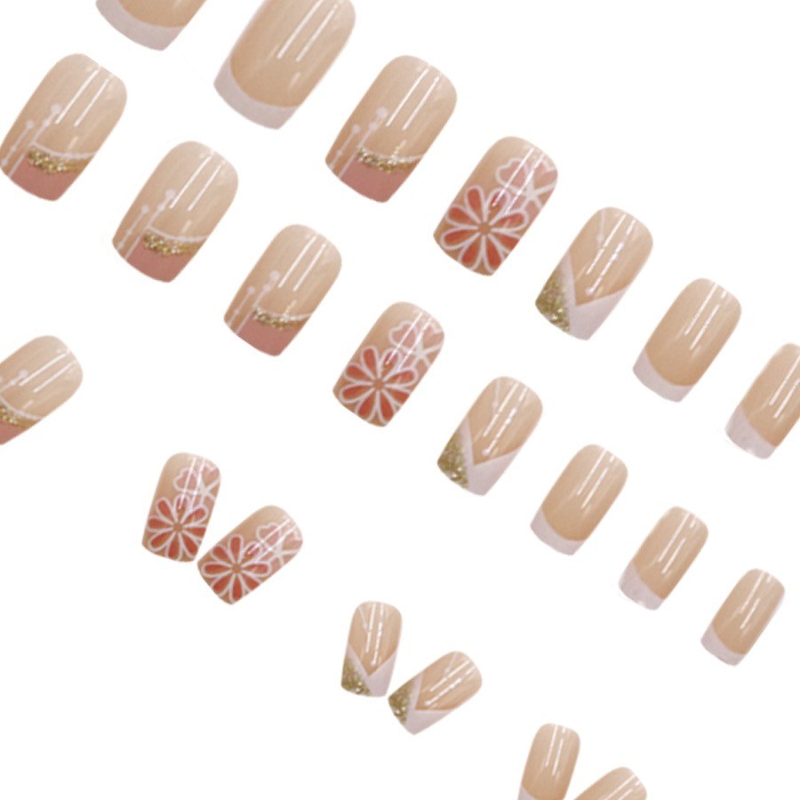 48Pcs-Medium Square Nude White French Flower Gold Tiny Rhinestone Press on Nails
