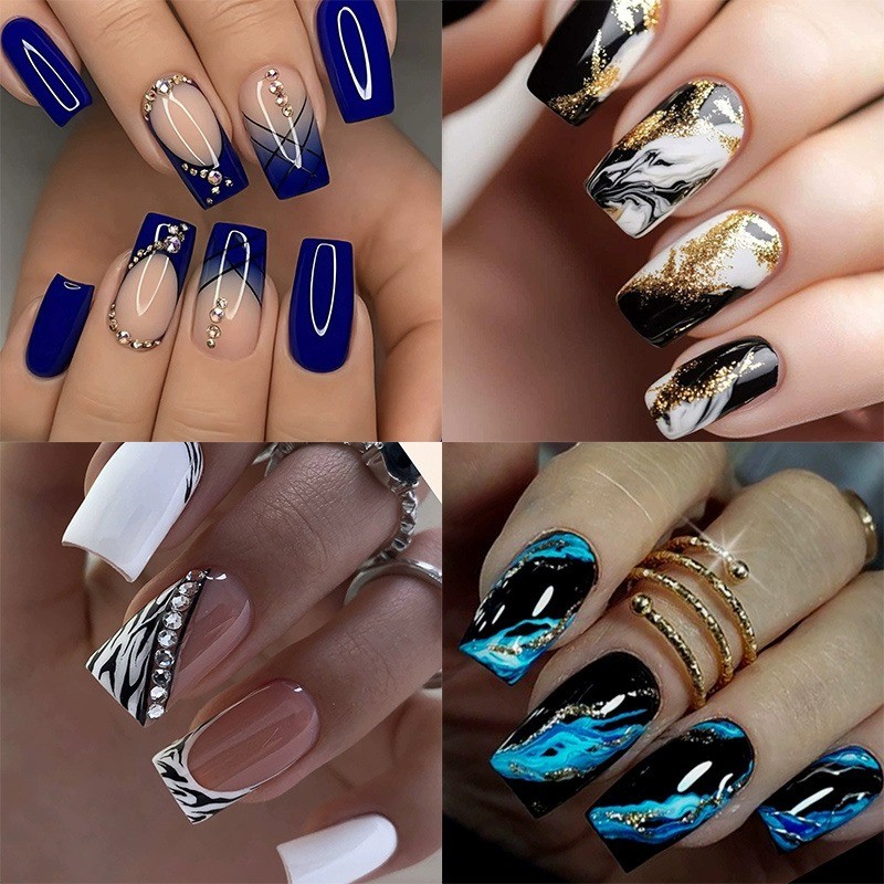 96PCS Luxury Blue White Diamond Black Gold Marble Pressure Nails Reusable Nail