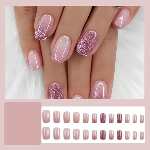 24Pcs Short Square Press on Nails – Nude Pink Gradient Glitter Fake Style24