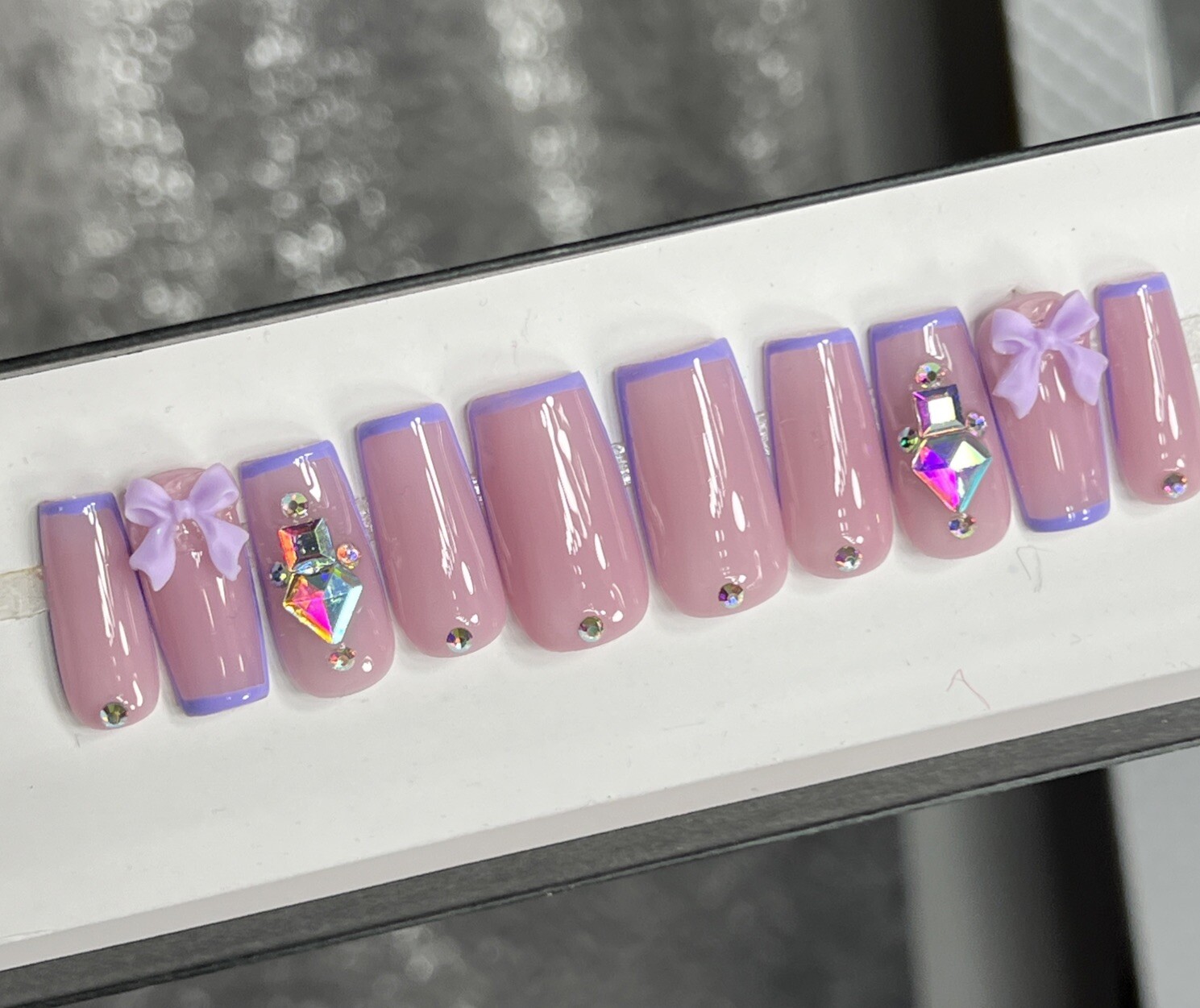💜💎 CUSTOM Press On Nails FRENCH PURPLE BOW BLING Rhinestones 10p SET W Kit