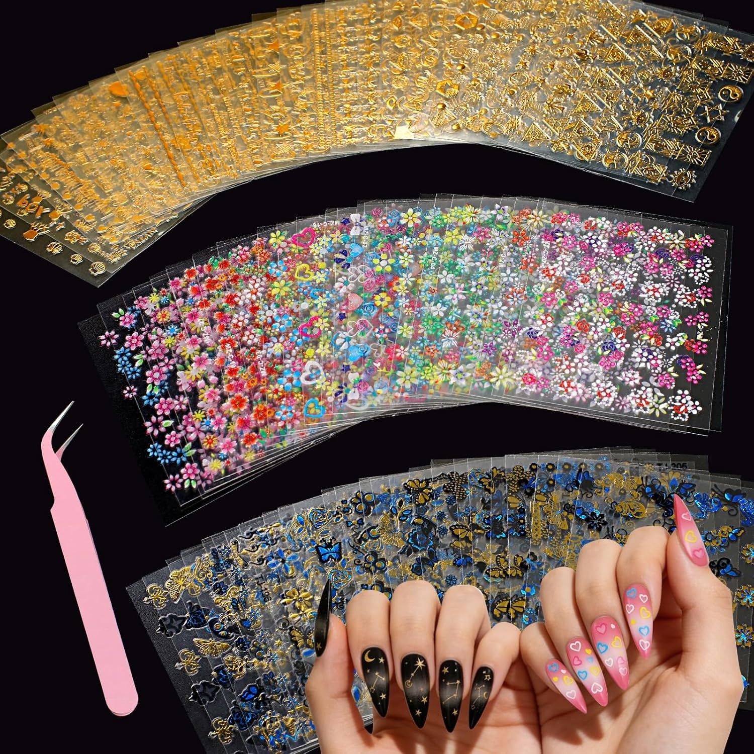 90 Sheets Nail Stickers for Nail Art DIY, 3D Nail Art Stickers Decals, Self