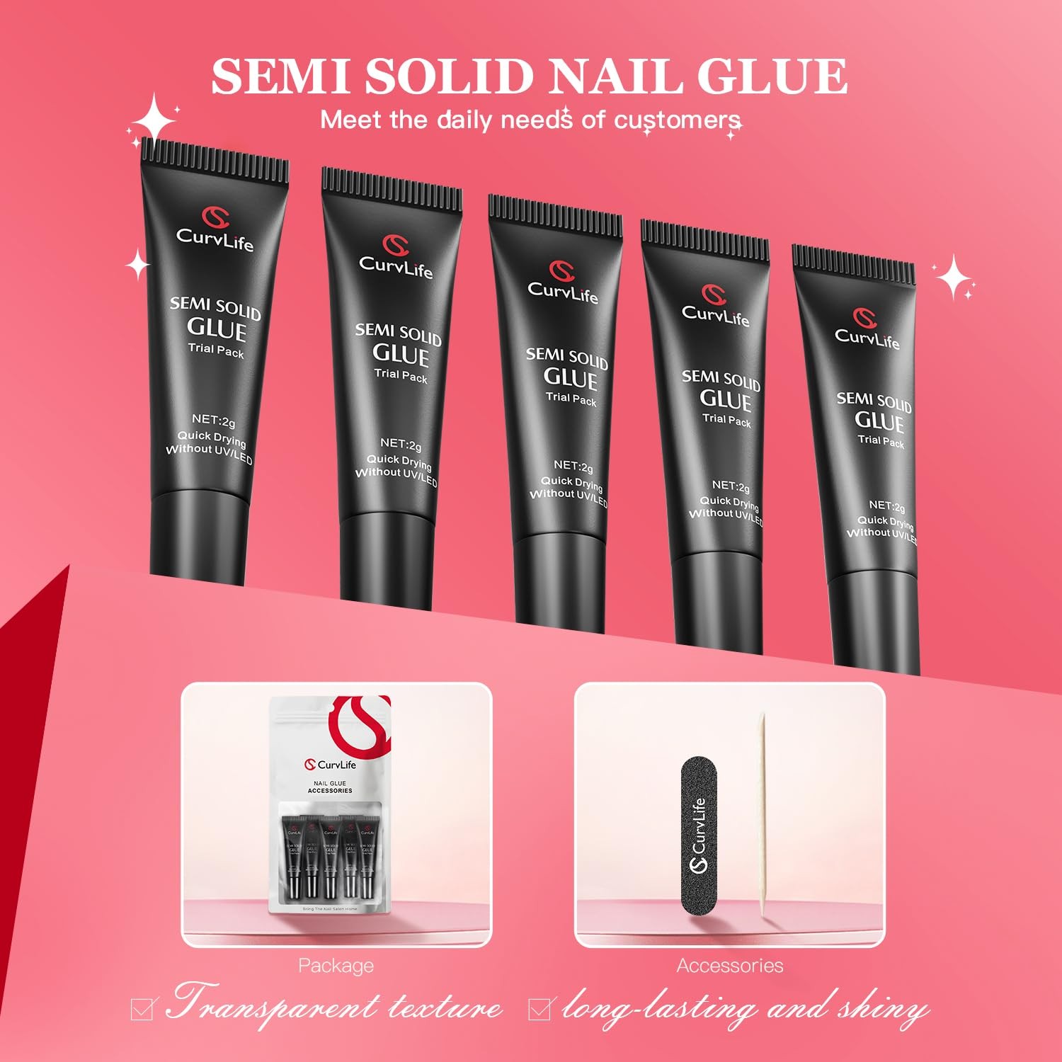 CurvLife Nail Tips Semi Solid Glue 2g (5pcs) – Super Strong, Soft Black