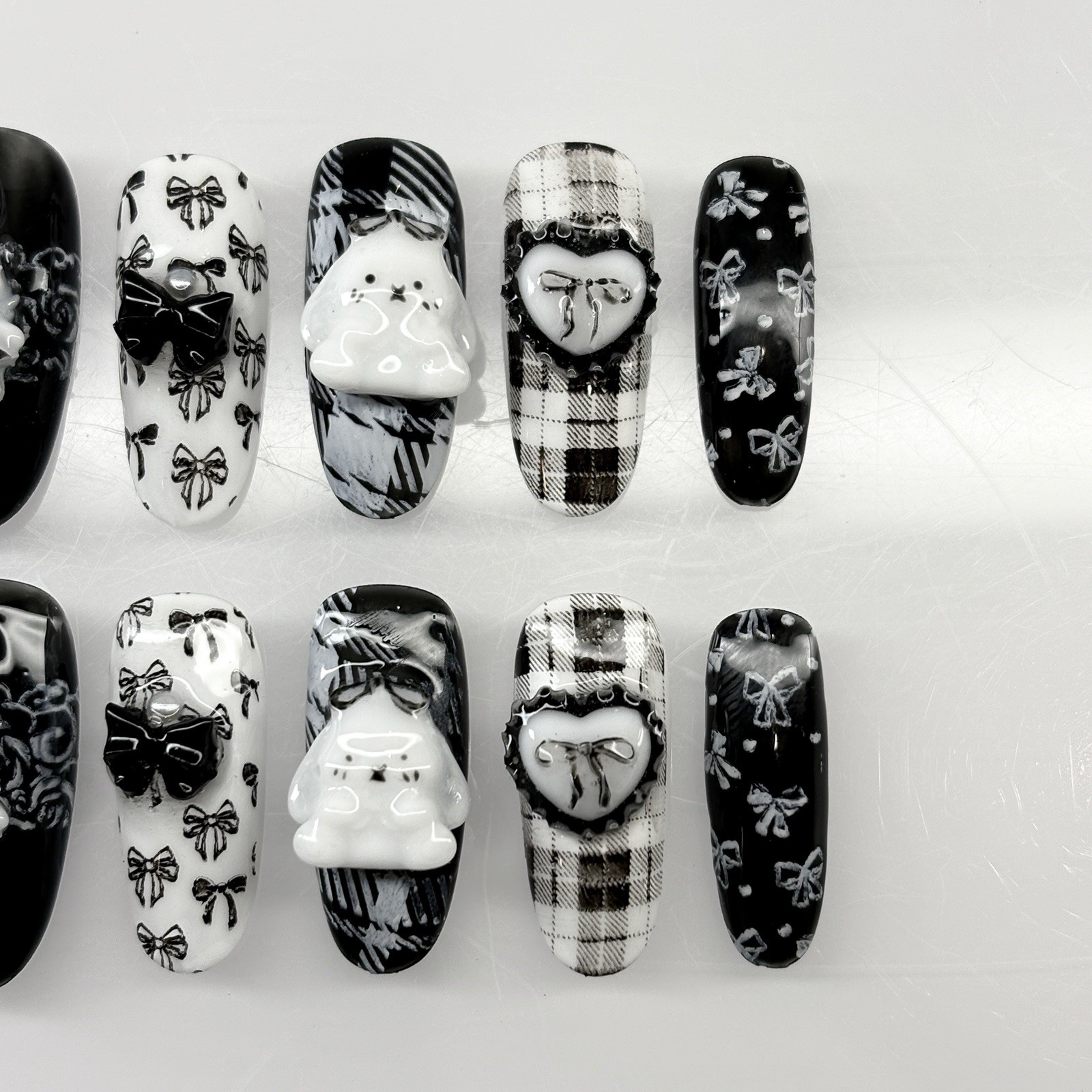 Goth Grunge Black Press On Nails Handmade 3D White Bunny Houndstooth Nail Art