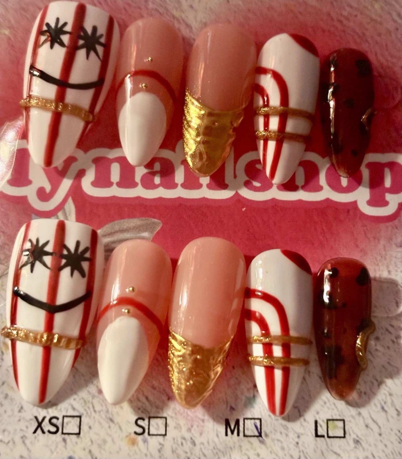 White/Red/Nude/Gold/Brown 3D Press-On Nails Long Stiletto Abstract medium size