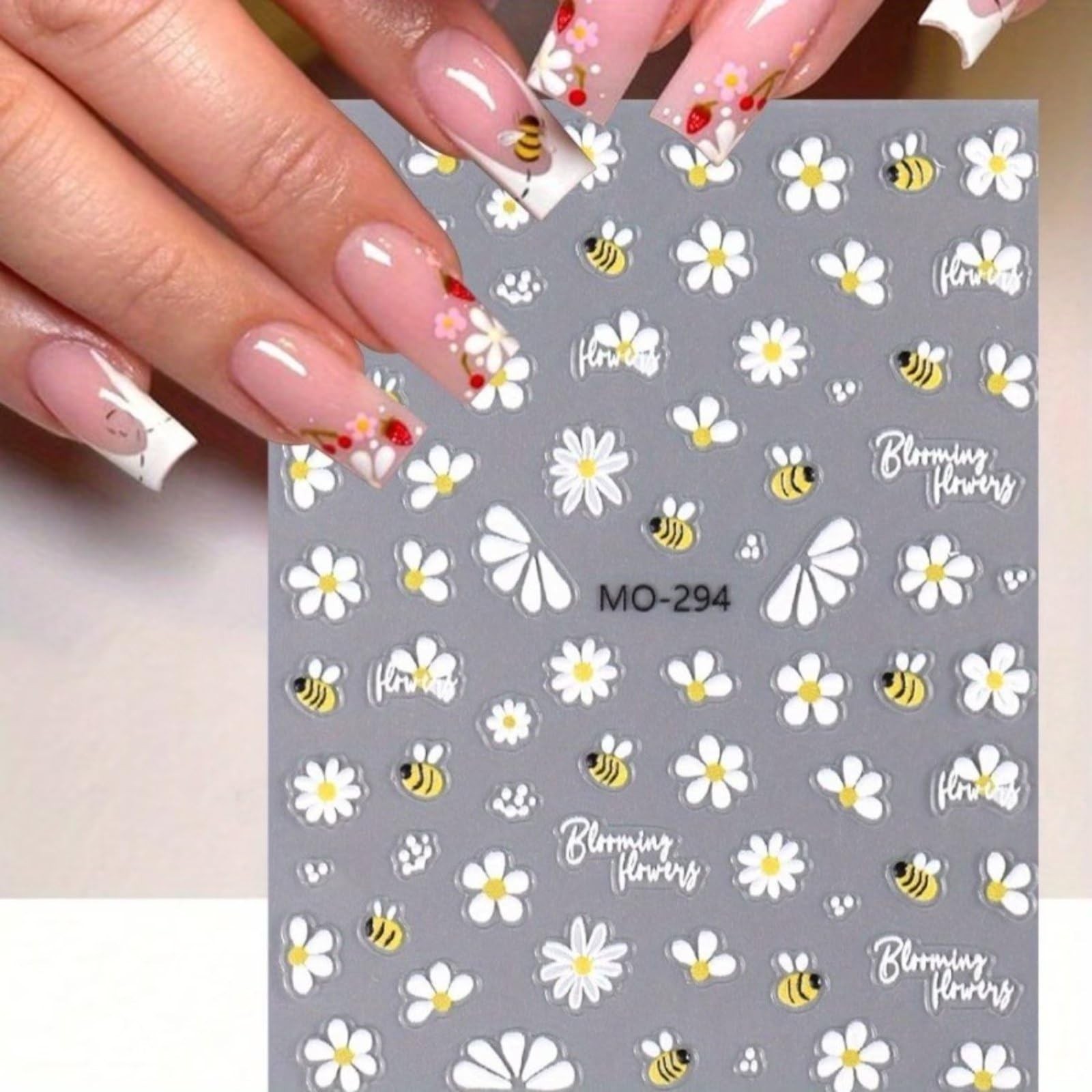 2 Sheets Spring Nail Art Stickers Decals Bee Flower Nail Decals 5D Embossed I…