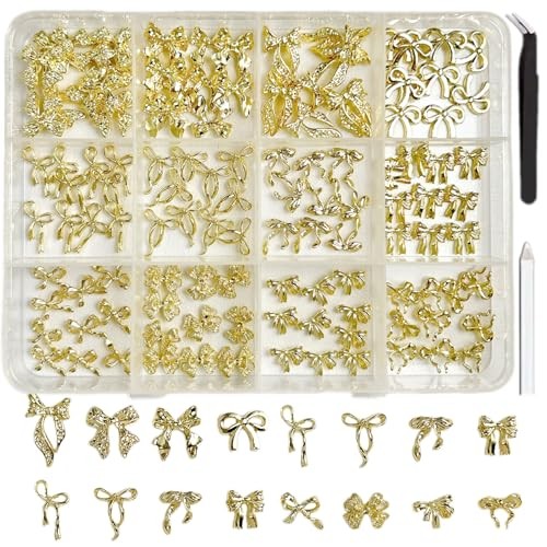 120Pcs 3D Gold Bow Nail Charms, 12 Designs Assorted 3D Metal Bow Nail Set 01