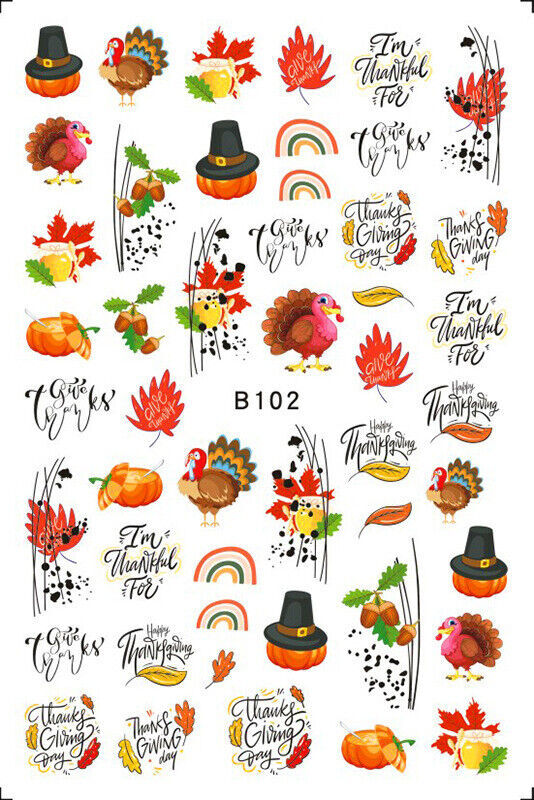 3D Autumn Leaf Nail Decal Turkey Thanksgiving Pumpkin Maple Fruit Stickers NH15