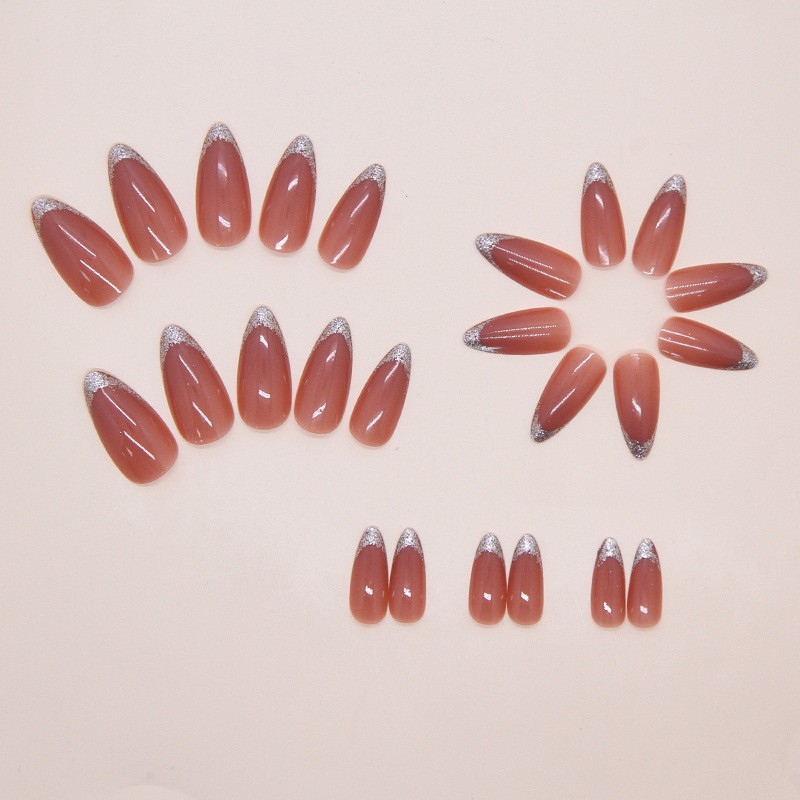 48 Pcs Silver Glitter French Press on Nails, Oval Nude Elegant Glossy Fake Nails