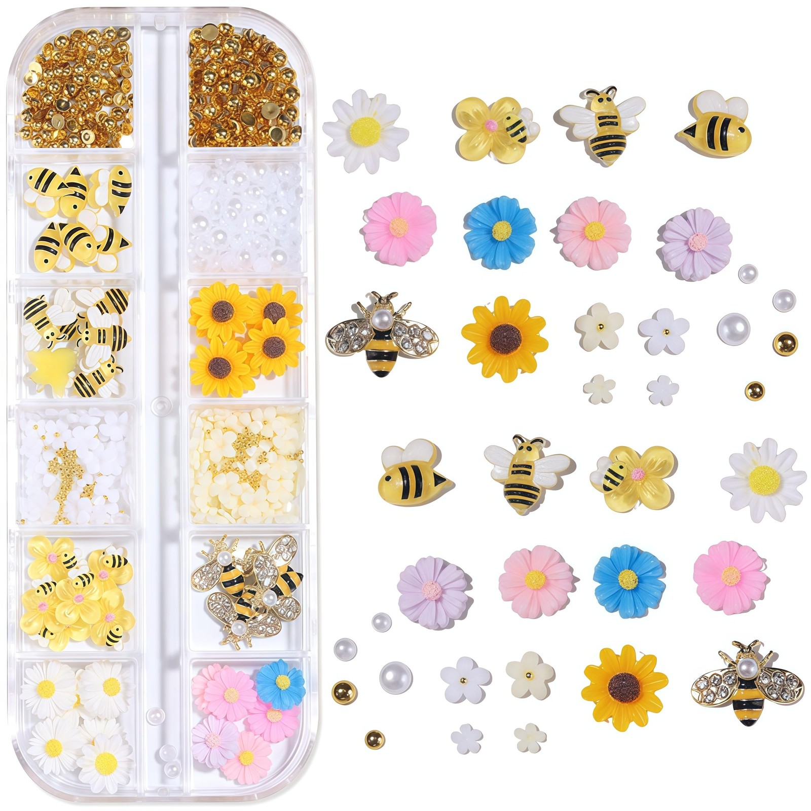 12 Grids Tiny Bee Nail Charms Resin Daisy Flower Nail Rhinestones 3D Gold All…