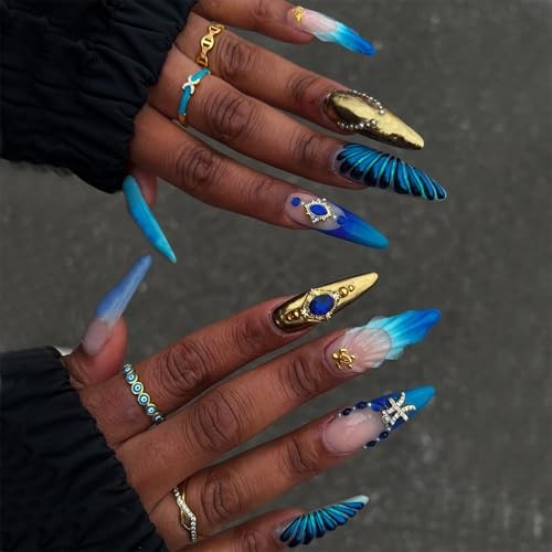 Blue Press on Nails Long Stiletto Fake Nails Ombre blue Ombre diamond Designs