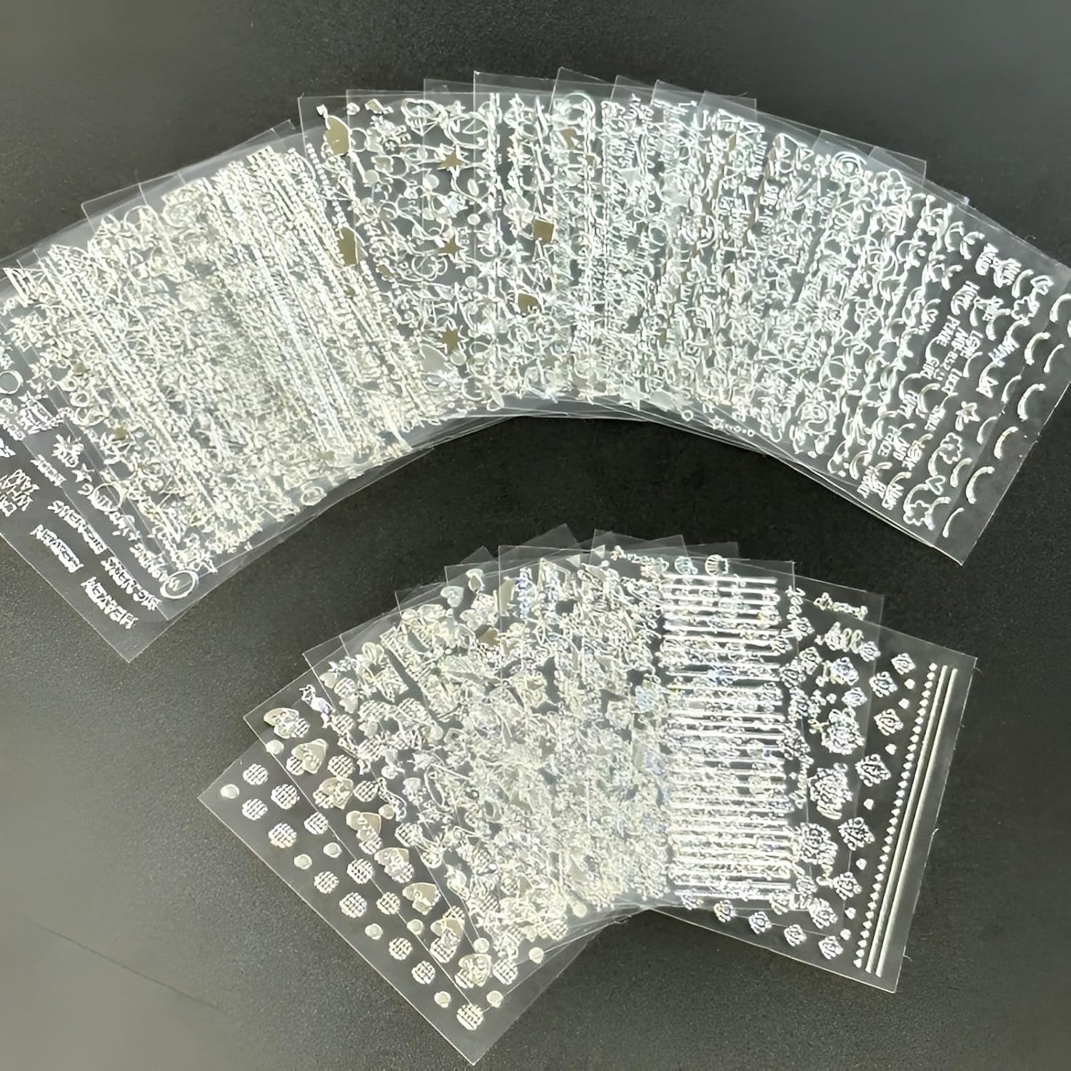 30 Sheets Silver 3D Nail Stickers, Star Moon Heart Decals