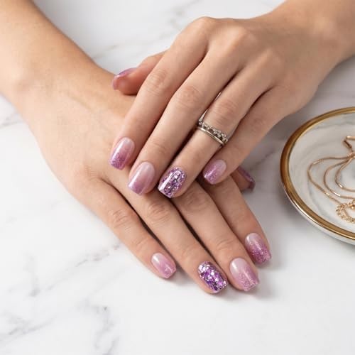 24Pcs Short Square Press on Nails – Nude Pink Gradient Glitter Fake Style24