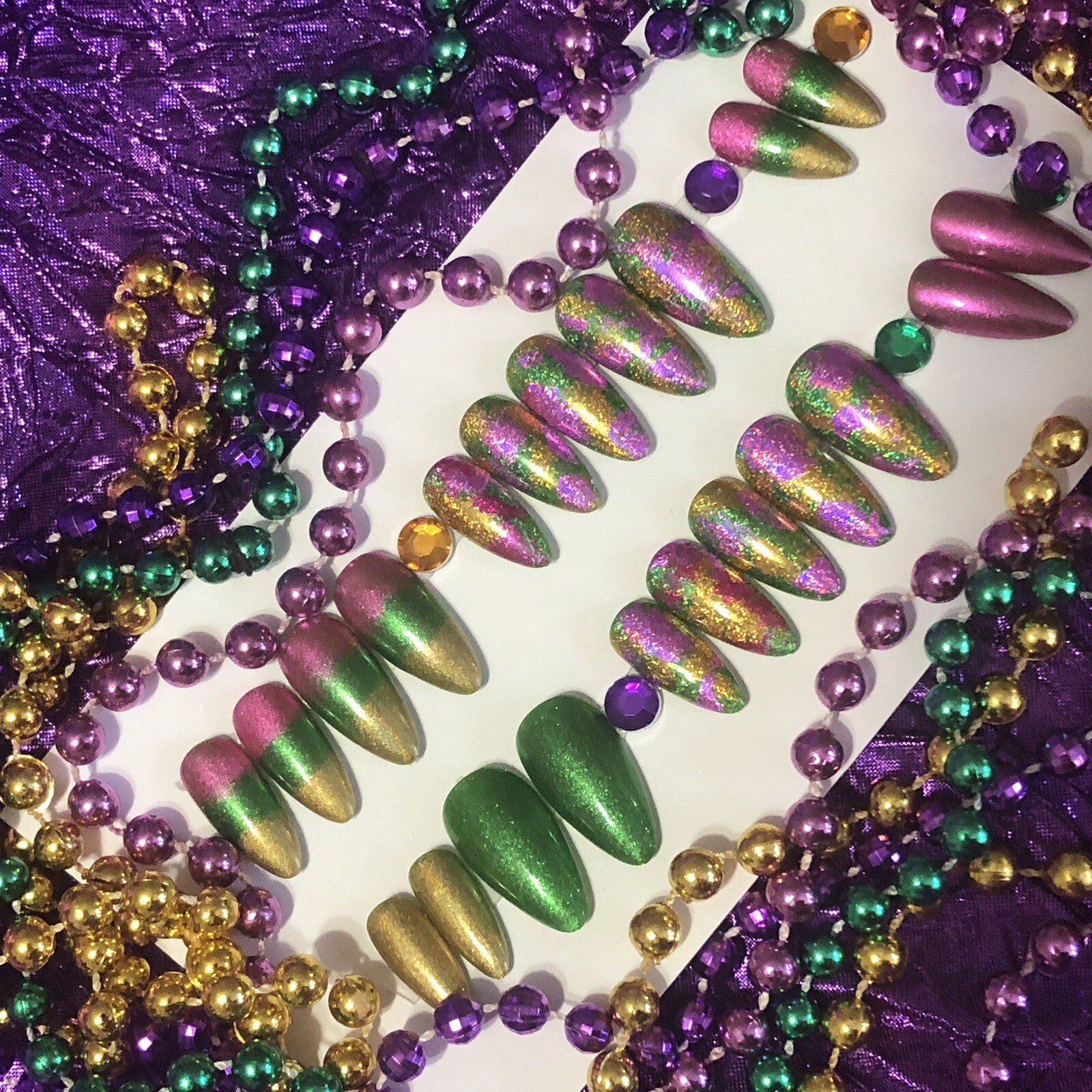 Handmade Custom Press On Nails Almond Shape Medium Length Mardi Gras Nails