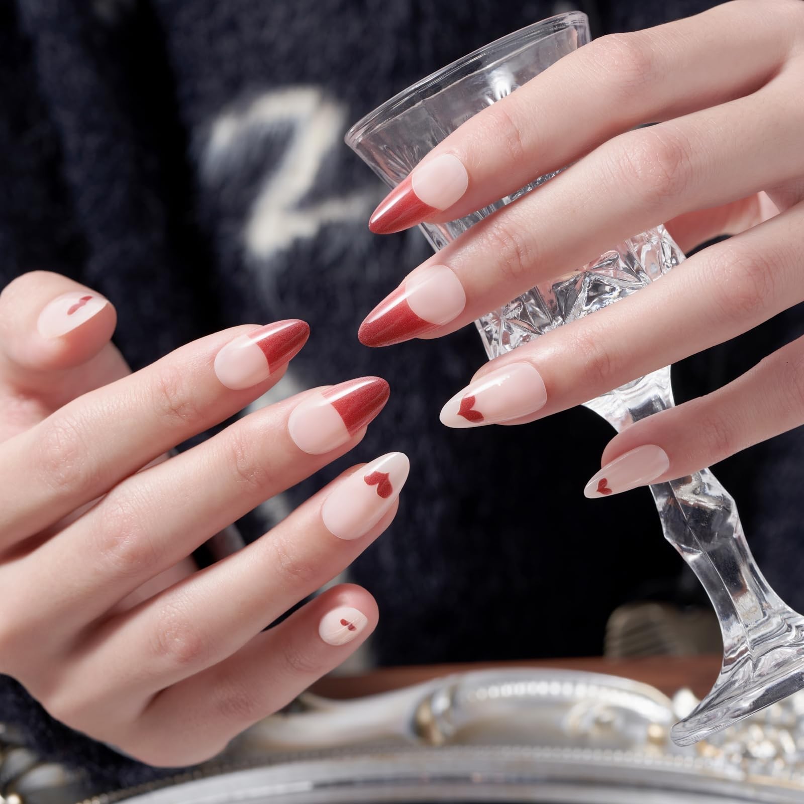 French Tip Press on Nails,Red Medium Almond Handmade False Nails with Sweet H…