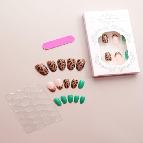 French Tip Press on Nails Short Oval Fake Nails Light Green False Nails A16
