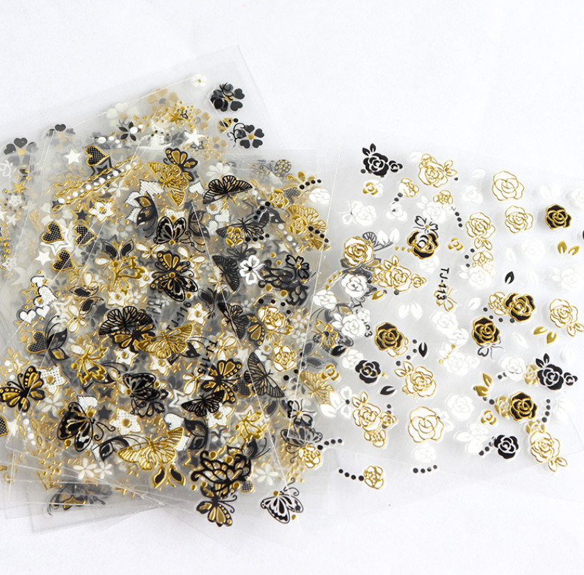 10PCS 3D Tip Nail Art Stickers Gold BLACK Heart Love BUTTERFLY ROSE FLOWER #2