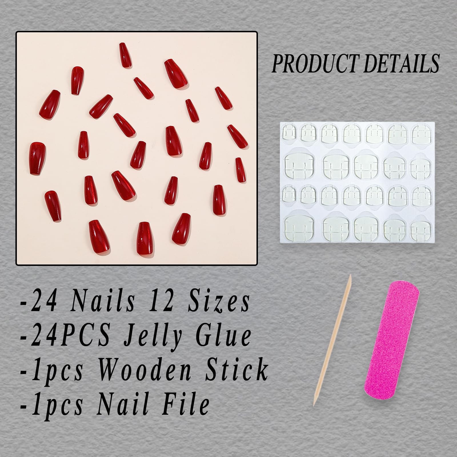 ROFIBUT Wine Red Press on Nails Long Square Coffin Fake Small, color