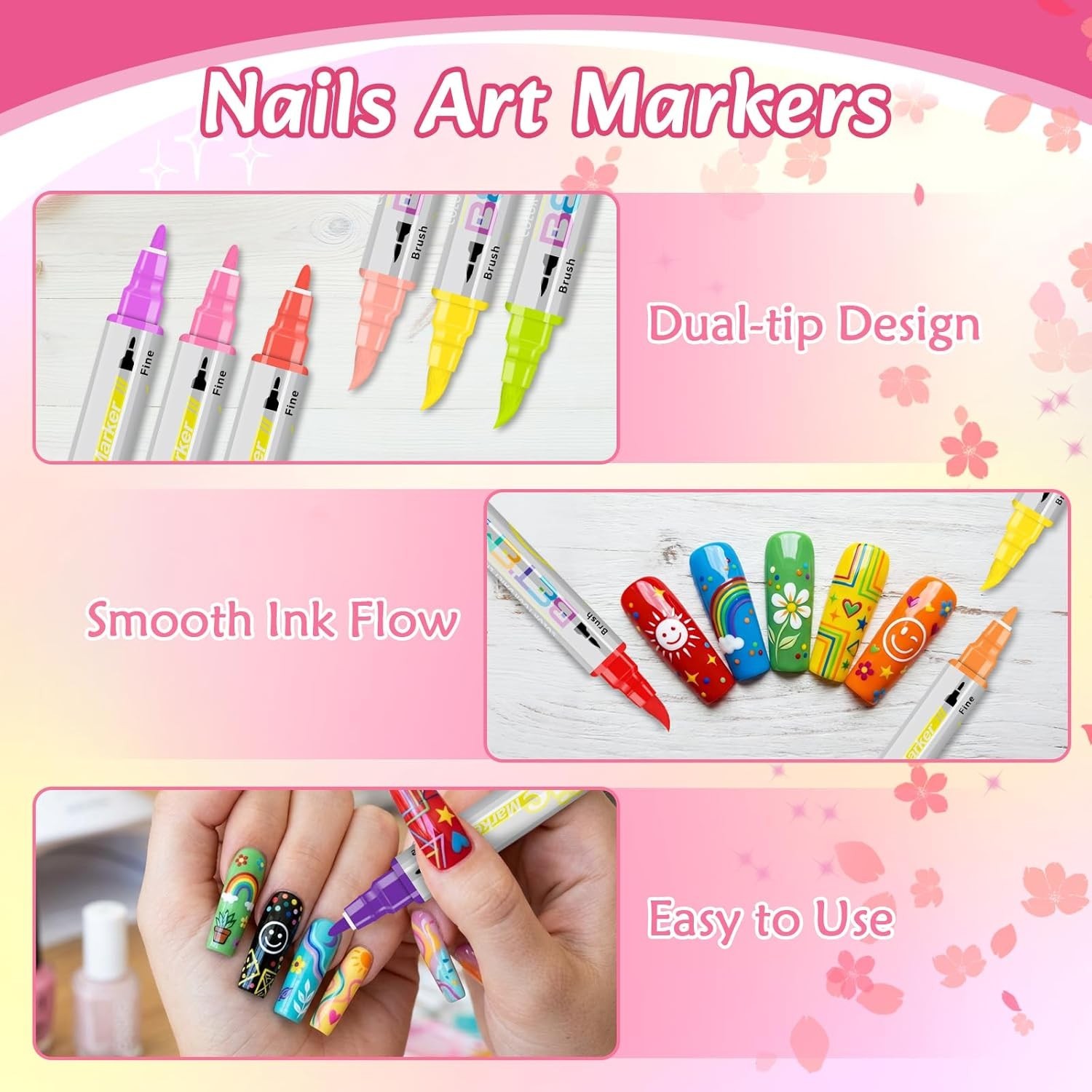 Nail Art Pens Set Dual Tip 24 Colors Non-Toxic Quick-Drying Acrylic Nail Kit for