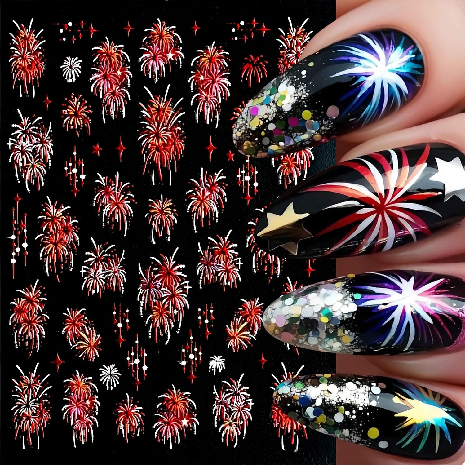 3 Sheets Fireworks Nail Stickers 5D Embossed Colorful Fireworks Nails Decals Aur